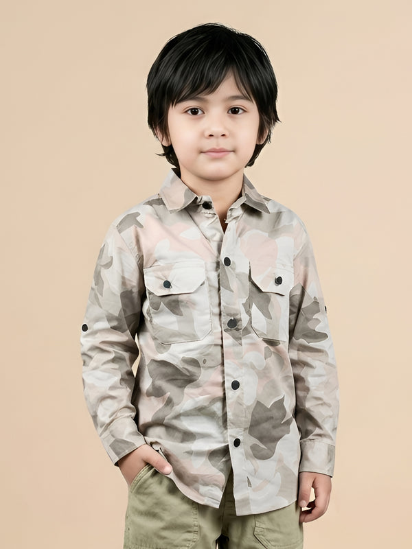 Polka Tots Full sleeve camouflage shirt - Grey and Pink