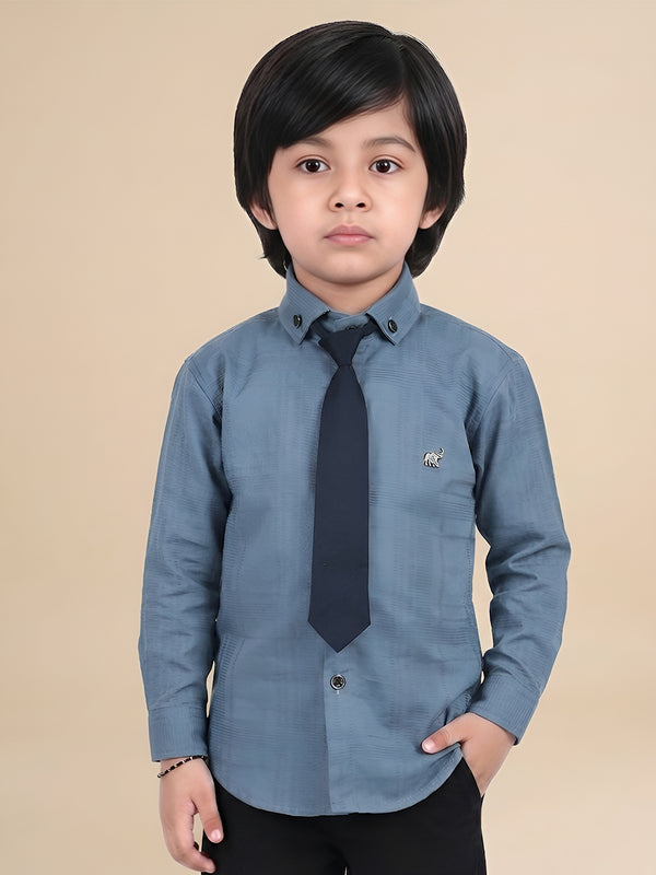 Polka Tots Full Sleeves Cotton self textured Shirt with Tie - Grey