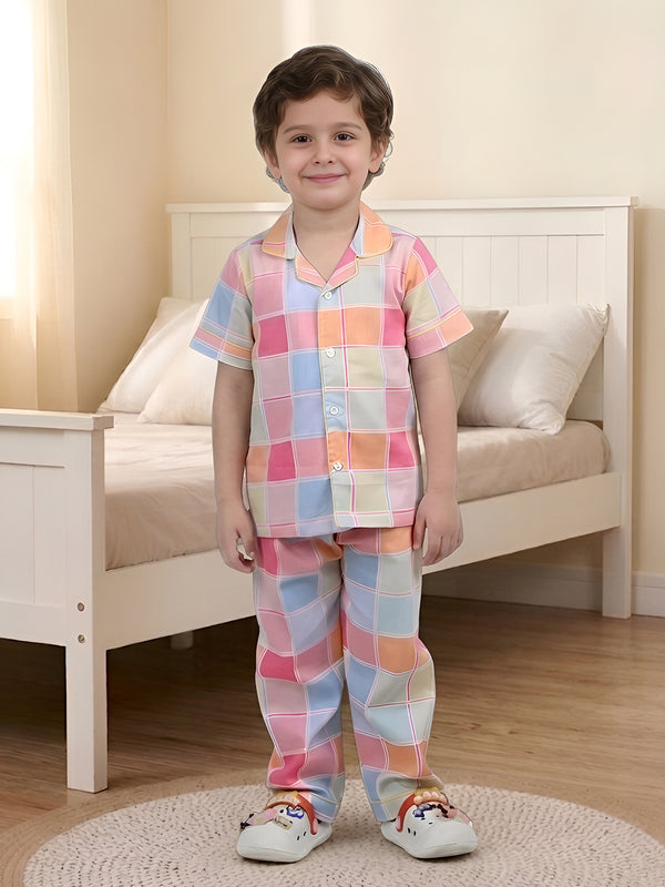 Polka Tots Half sleeves Box print Night Suit - Multicolor