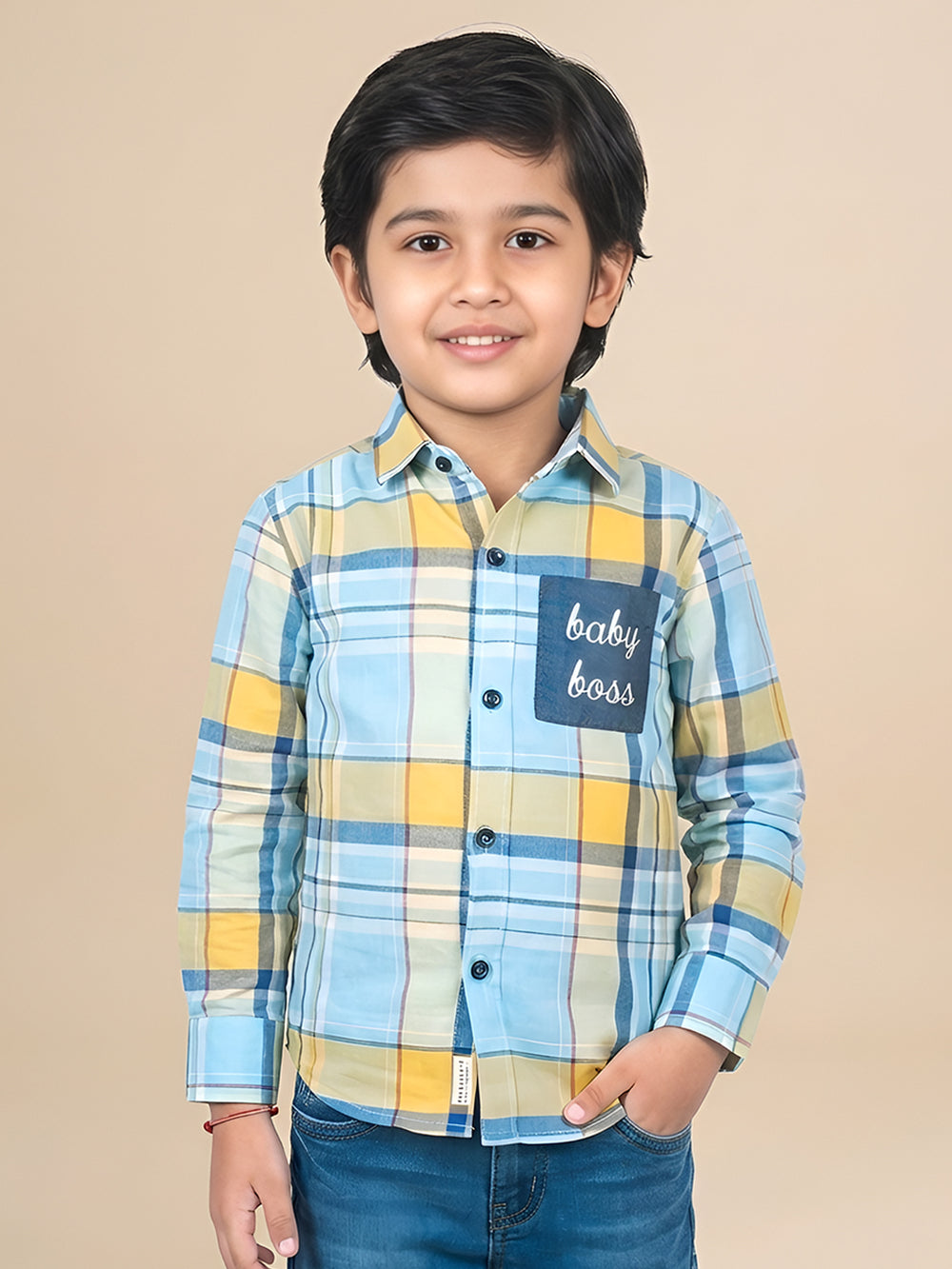 Polka Tots Full Sleeves Baby Boss print Checks Shirt - Light Blue