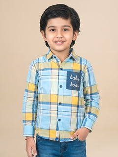 Polka Tots Full Sleeves Baby Boss print Checks Shirt - Light Blue