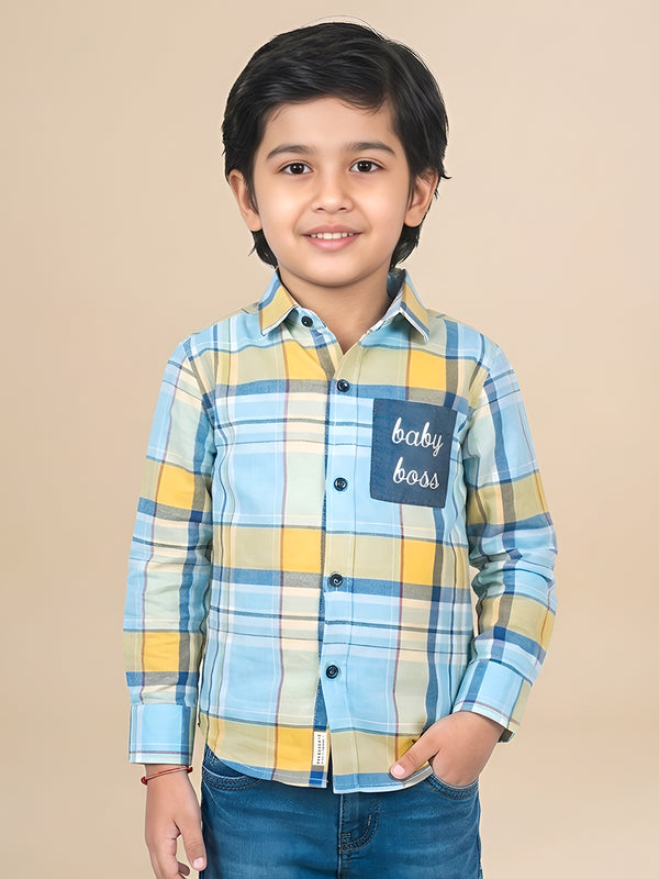 Polka Tots Full Sleeves Baby Boss print Checks Shirt - Light Blue
