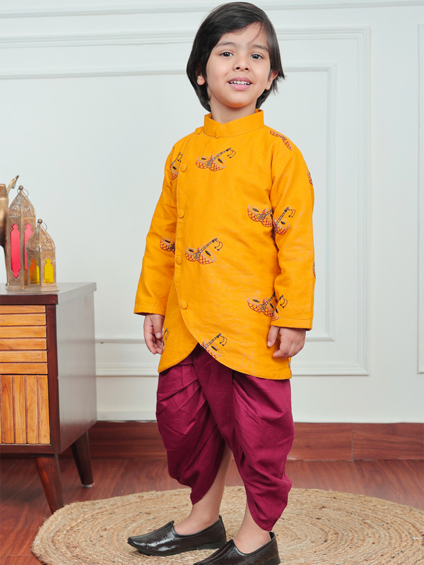 Polka Tots Dhol Shehnai print Angrakha With Dhoti - Yellow