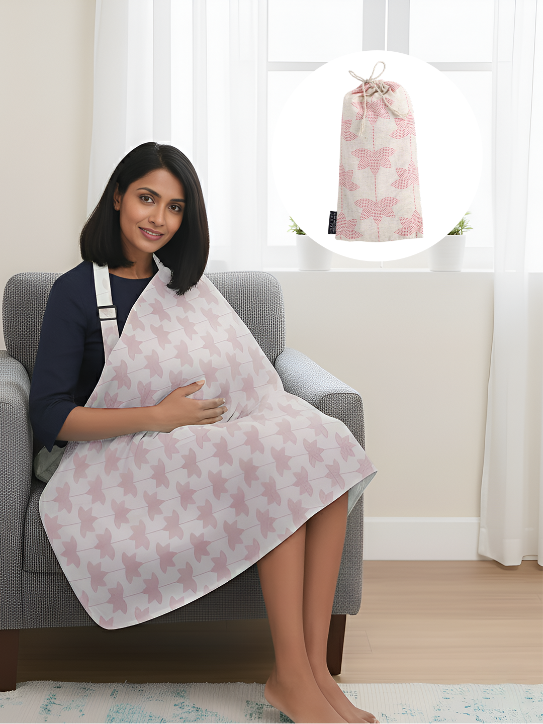Woman sitting on a couch wearing a pink butterfly-patterned blanket with a matching bag.