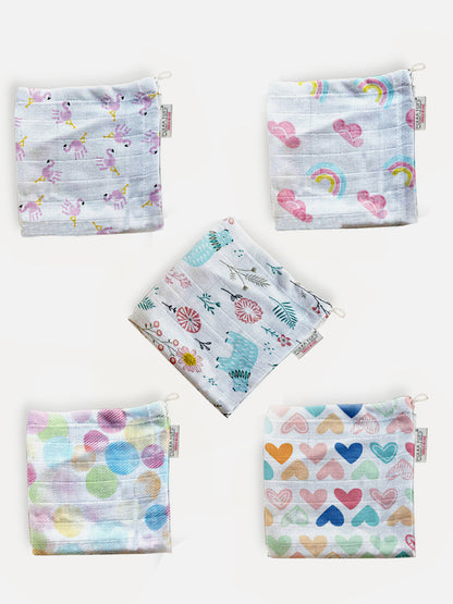 Set of reusable bags with colorful patterns on a white background