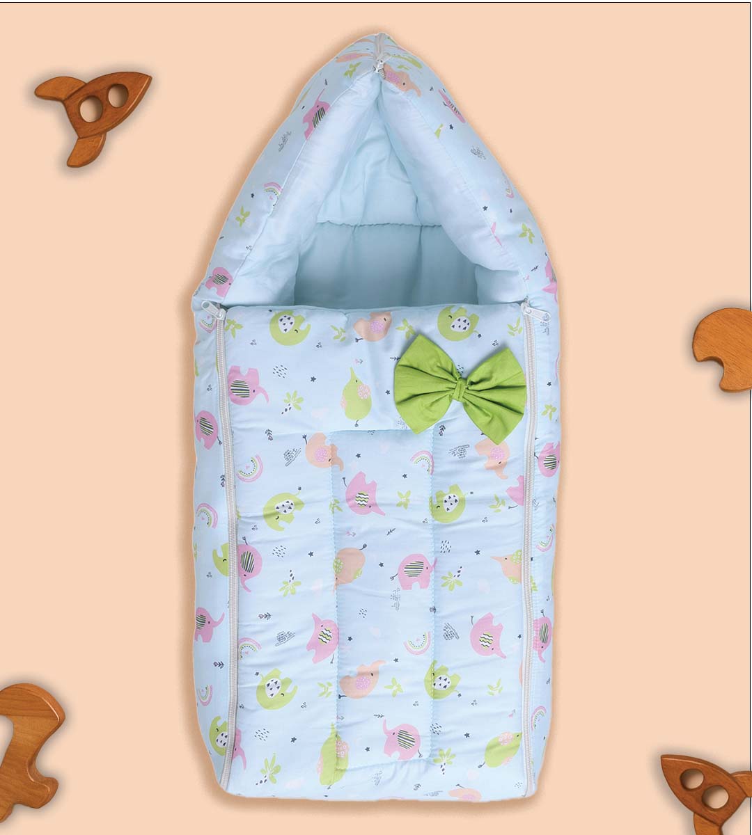Polka Tots Baby Sleeping Nest Cotton Carry Pod Bedding for Newborn Sleeping Bag with a Bow -Elephant print Blue