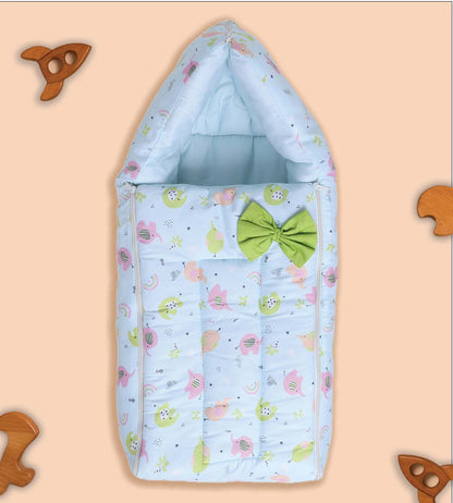 Polka Tots Baby Sleeping Nest Cotton Carry Pod Bedding for Newborn Sleeping Bag with a Bow -Elephant print Blue