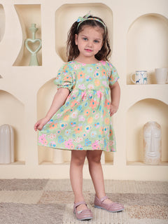 Polka Tots Half sleeve Floral print Frock with Headband - Green