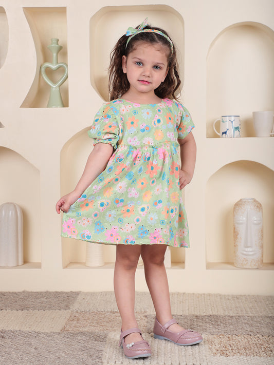 Polka Tots Half sleeve Floral print Frock with Headband - Green