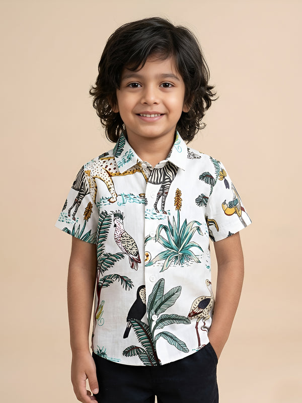 Polka Tots Half Sleeve Kids Shirt 100% Cotton Beach With Animal Print - White
