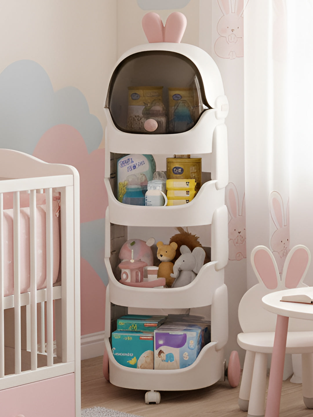 Children's storage tower with toys and items in a nursery setting