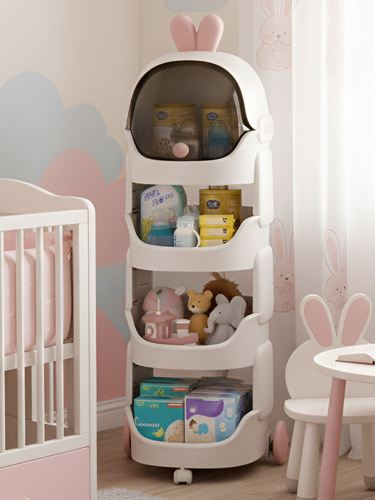 Children's storage tower with toys and items in a nursery setting