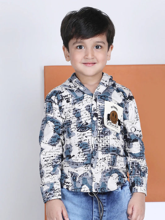 Polka Tots Full Sleeves Abstract Scribble Print Hooded Kids Shirt with Smiley Patch - Blue