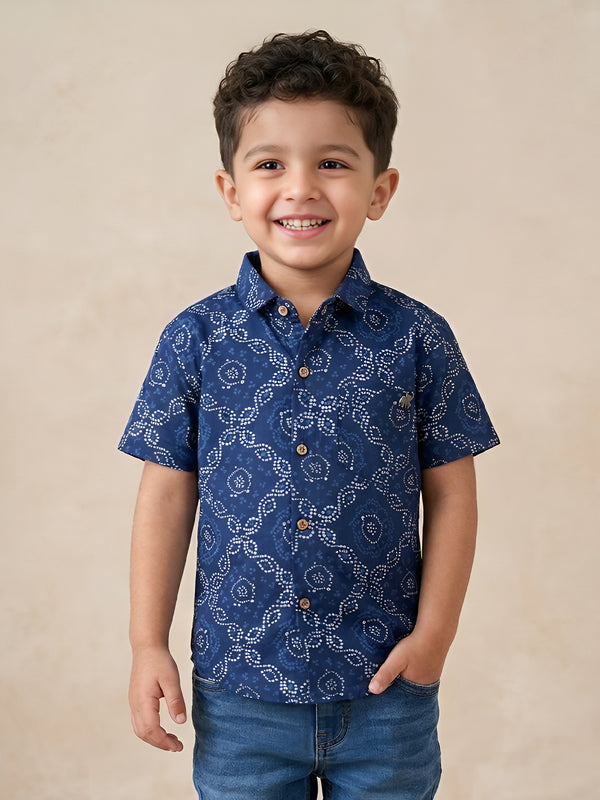 Polka Tots Half Sleeves Bandhani print Shirt - Blue