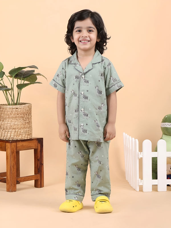 Polka Tots Half Sleeve Zebra print Night Suit - Green