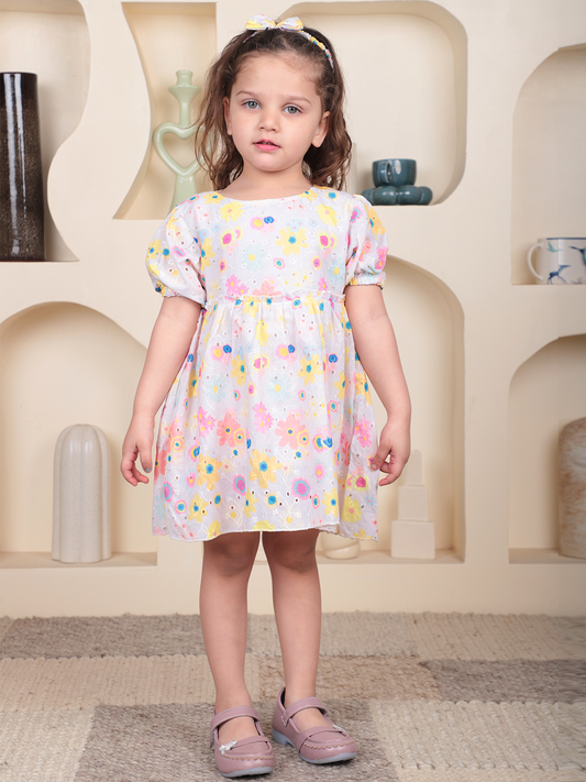 Polka Tots Half sleeve Floral print Frock with Headband - Multicolor