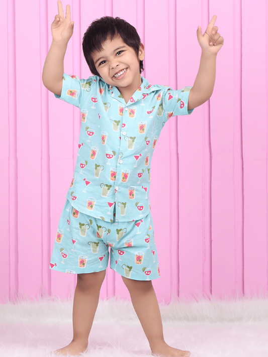 Polka Tots Half Sleeves Juice print Co-ord Shorts - Blue