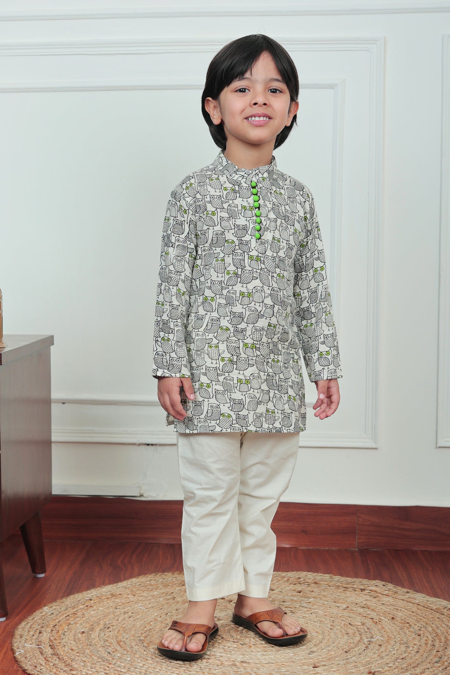 Polka Tots Full Sleeve Owl print Kurta Pyjama Set - Off White