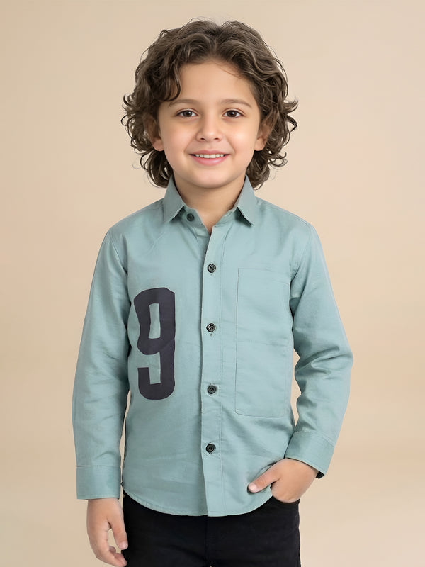 Polka Tots Full Sleeves Number print Solid Shirt - Greyish Blue