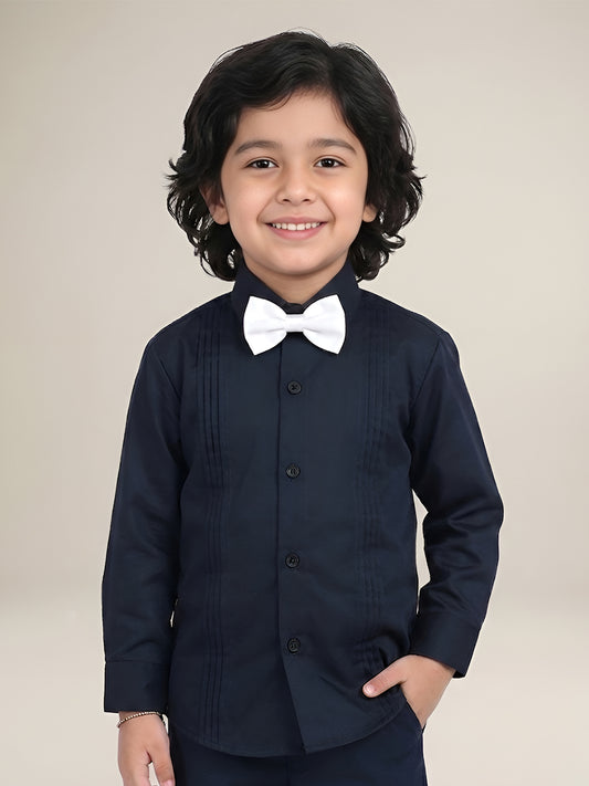 Polka Tots Full Sleeves Cotton Satin Shirt with Bow Tie - Black