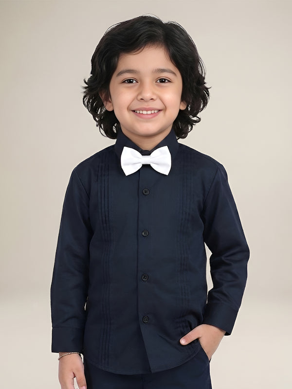 Polka Tots Full Sleeves Cotton Satin Shirt with Bow Tie - Black