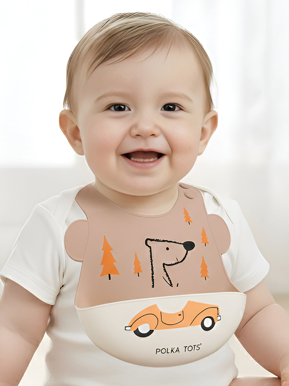 Polka Tots Waterproof Silicone Bibs with Pocket and Adjustable Snaps (Orange Car)