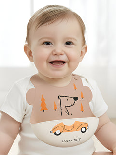Polka Tots Waterproof Silicone Bibs with Pocket and Adjustable Snaps (Orange Car)