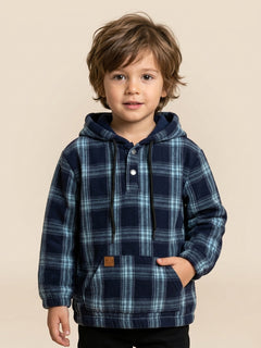 Polka Tots Kids Full Sleeves Checked Hoodie Shirt - Black