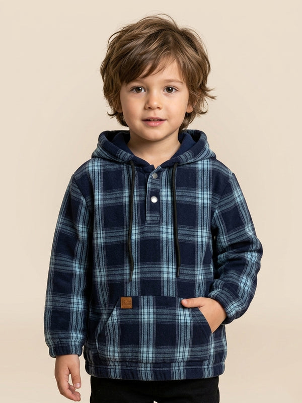 Polka Tots Kids Full Sleeves Checked Hoodie Shirt - Black