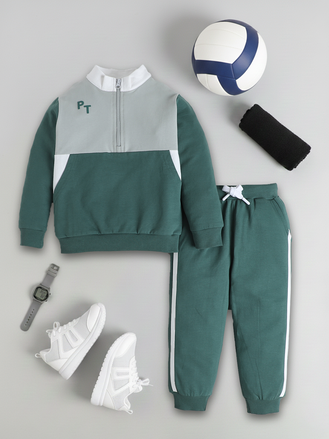 Polka Tots Full sleeve Colorblock Sweatshirt & Co-ord Jogger Set - Green