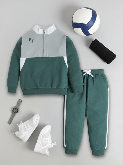 Polka Tots Full sleeve Colorblock Sweatshirt & Co-ord Jogger Set - Green