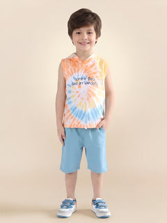 Polka Tots Sleeveless Tie dye print T-Shirt Shorts with attached Hoodie - Multicolor