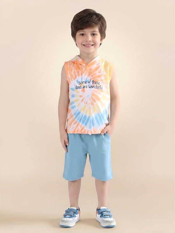Polka Tots Sleeveless Tie dye print T-Shirt Shorts with attached Hoodie - Multicolor