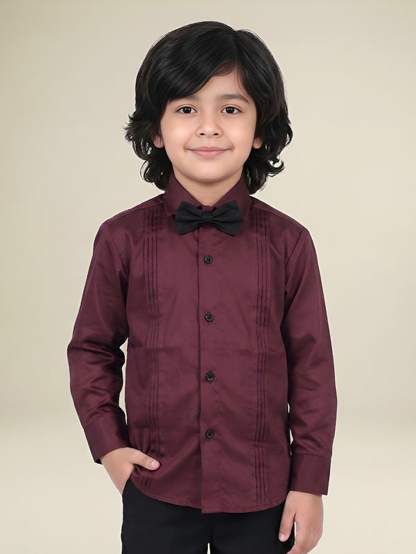 Polka Tots Full Sleeves Cotton Satin Shirt with Bow Tie - Maroon