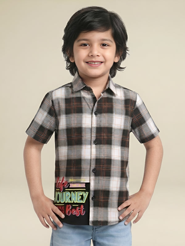 Polka Tots Half Sleeve Checks Shirt Life Is Journey Print - Black