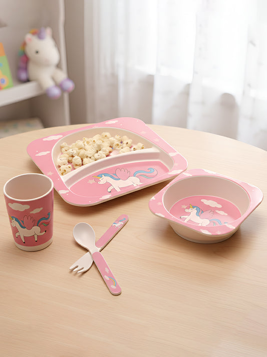 Eco Friendly 5 Pieces Bamboo Fiber Kids Dinner Set (Unicorn)