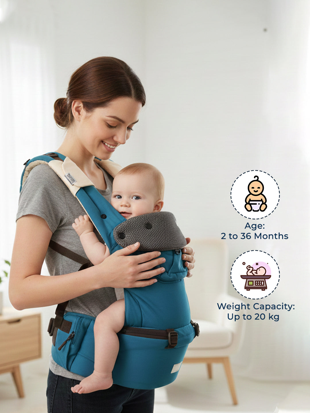 Woman holding a baby in a blue baby carrier with product details on a white background