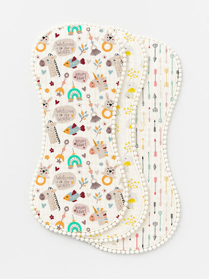 Polka Tots Newborn Pack of 3 100% Soft Muslin Cotton Double Layer Burp Cloths with Pom-Pom Lace