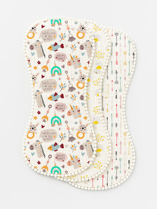 Polka Tots Newborn Pack of 3 100% Soft Muslin Cotton Double Layer Burp Cloths with Pom-Pom Lace