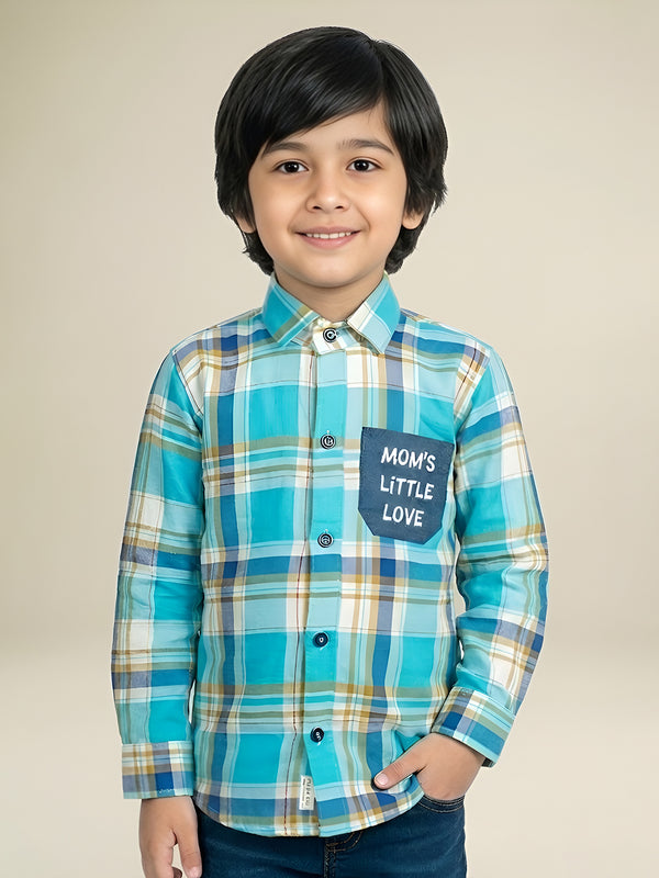 Polka Tots Full Sleeves Moms Little Love print Checks Shirt - Turquoise