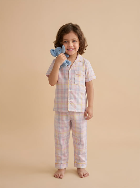 Polka Tots Half sleeves Checkered Night Suit - Pink/Blue