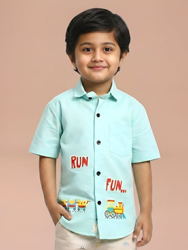 Polka Tots Half Sleeves Run Fun Print Shirt- Sea Green