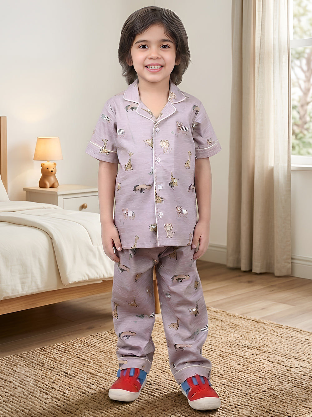 Polka Tots Half sleeves Jungle print Night Suit - Purple