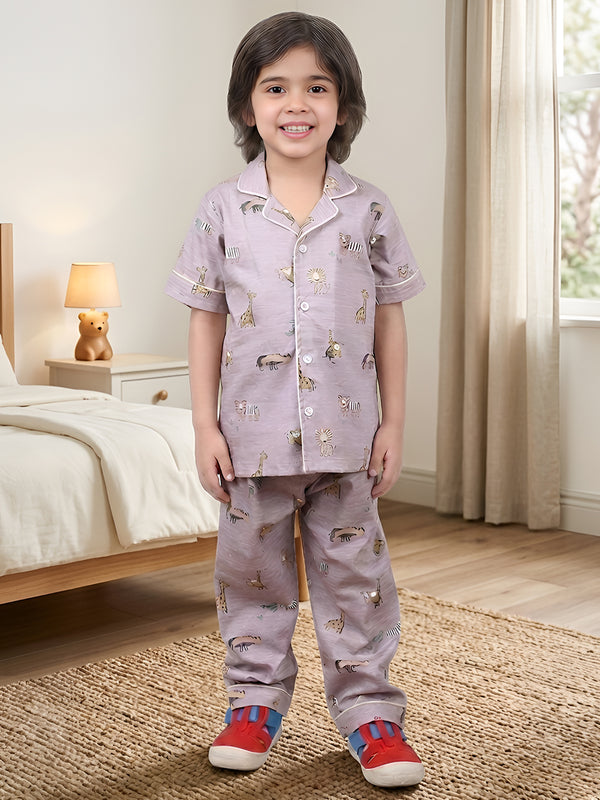Polka Tots Half sleeves Jungle print Night Suit - Purple