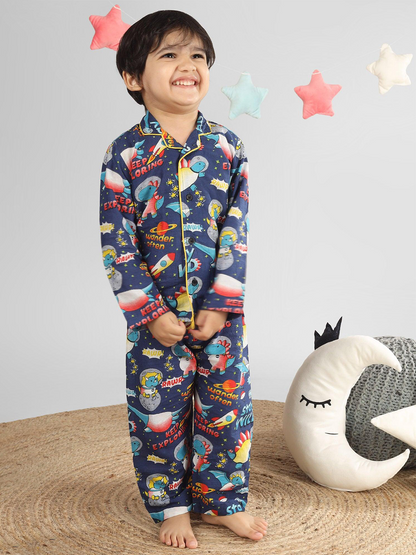 Polka Tots Full Sleeve Space print Night Suit - Blue