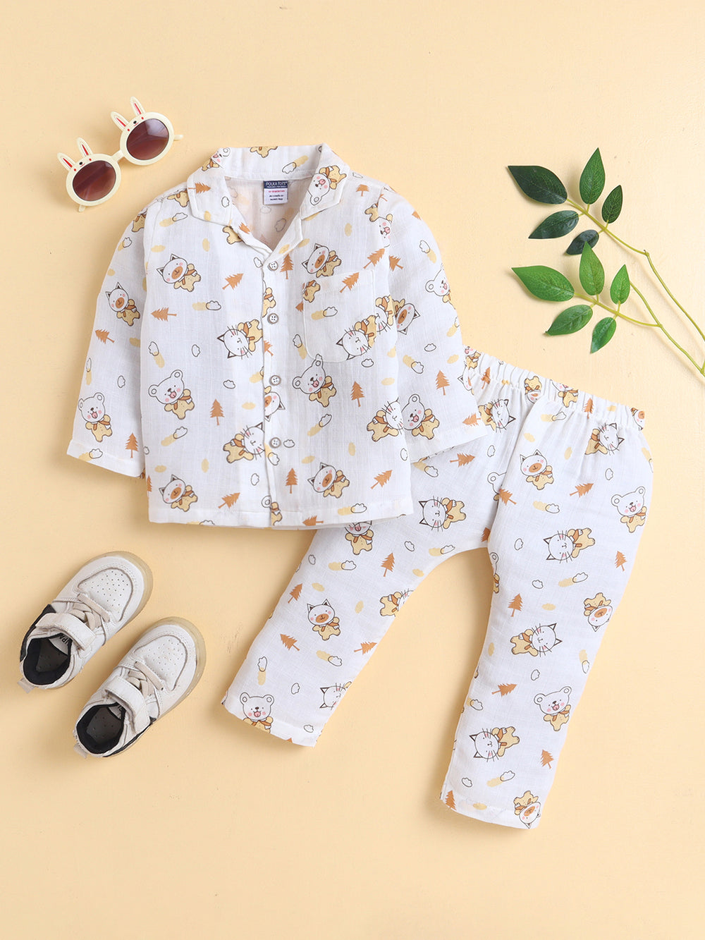 MulMul Sparsh Full Sleeve Animal Characters Print Muslin Jabla & Pant Set - White