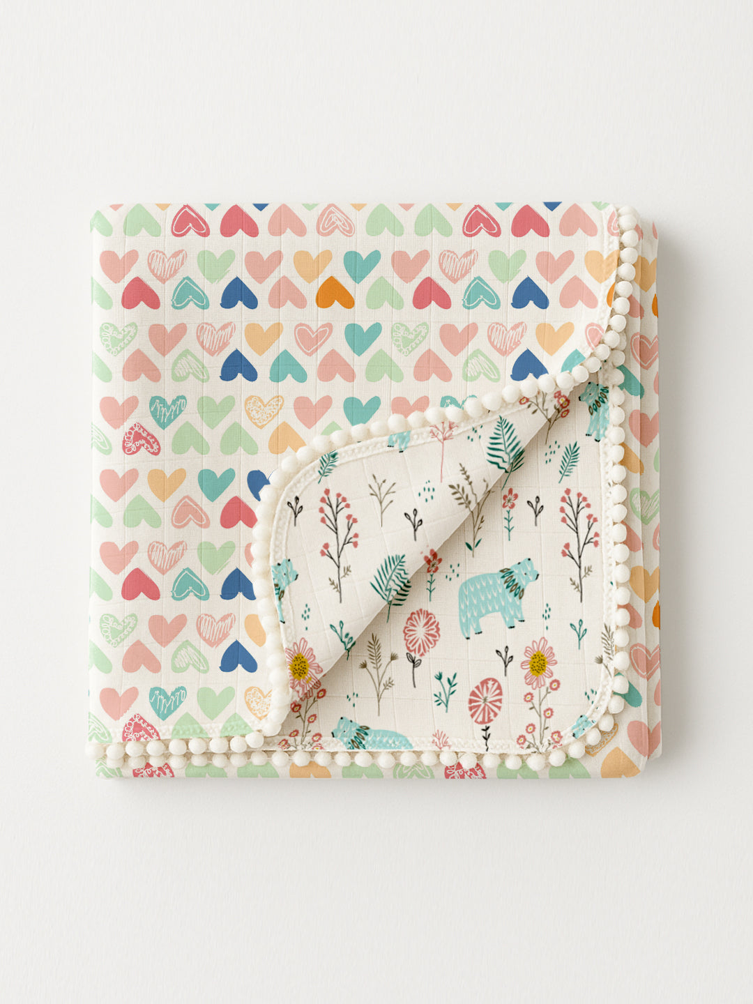 Polka Tots 100% Soft Muslin Cotton 3-Layer Reversible Baby Blanket/Dohar with Pom-Pom Lace - Mini Hearts & Bloomy Bear Print