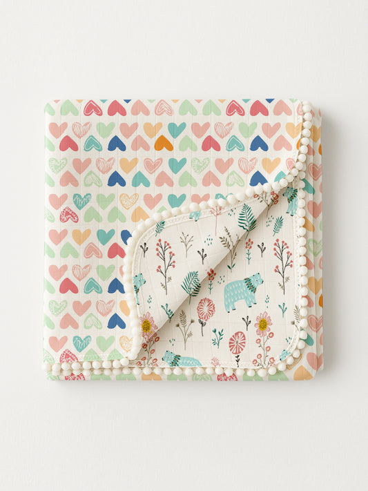 Polka Tots 100% Soft Muslin Cotton 3-Layer Reversible Baby Blanket/Dohar with Pom-Pom Lace - Mini Hearts & Bloomy Bear Print
