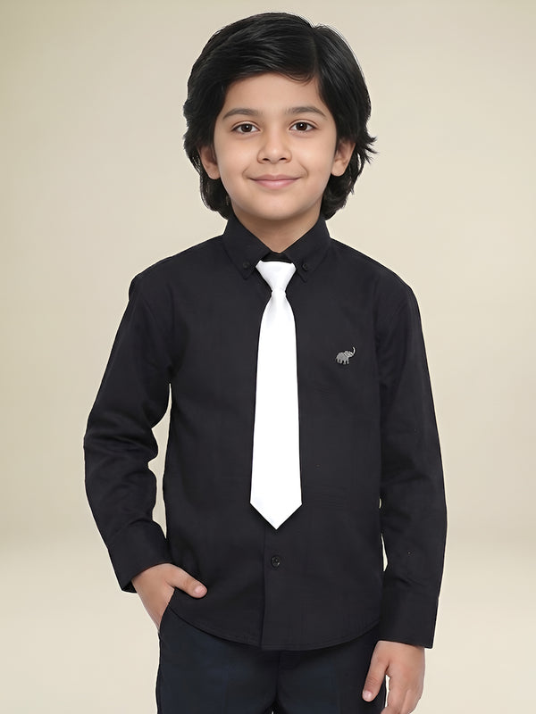 Polka Tots Full Sleeves Cotton self textured Shirt with Tie - Black