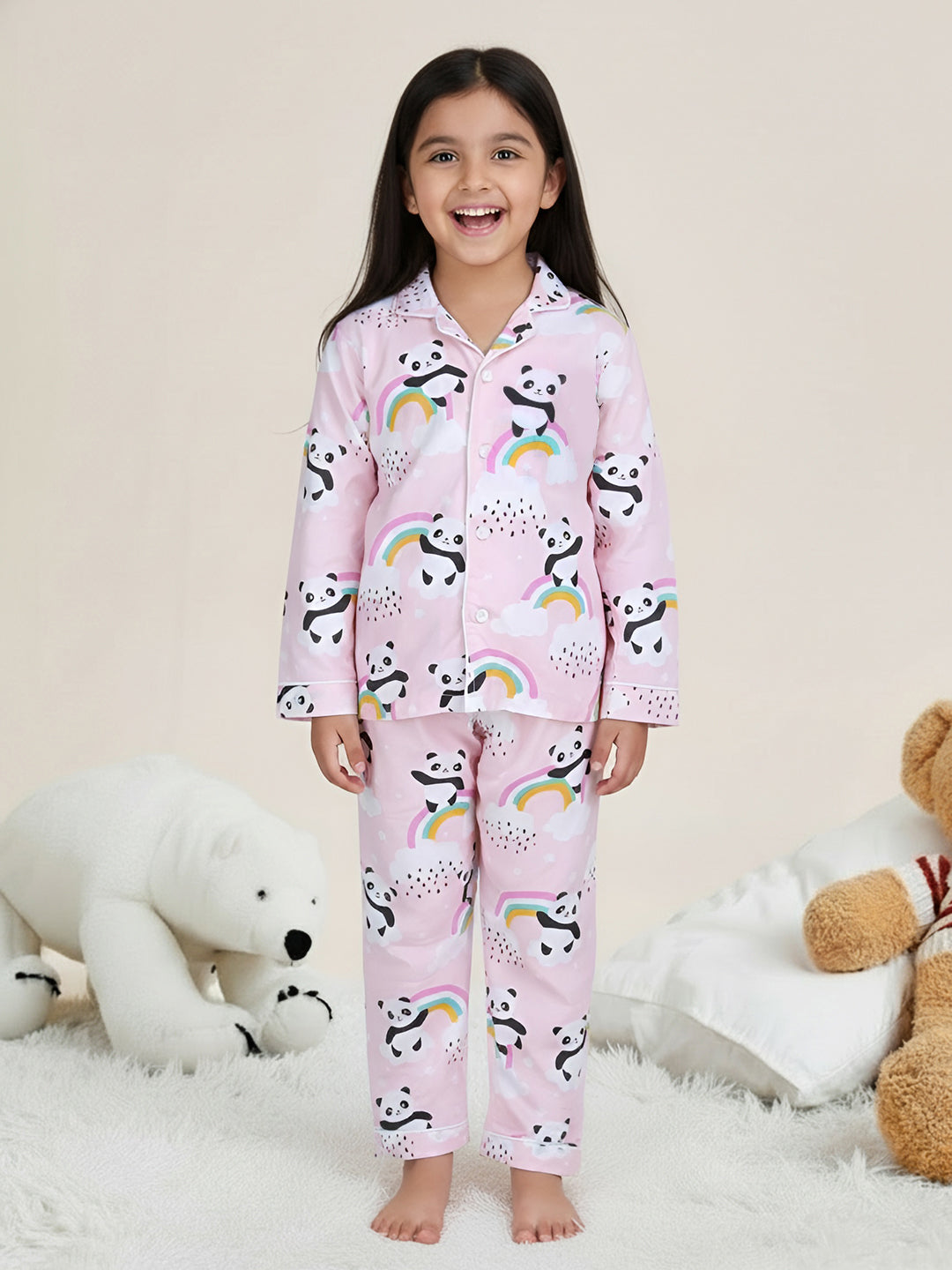 Polka Tots Full sleeve Panda Rainbow Print Night suit - Pink